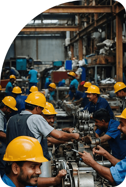 Manufacturing workers in yellow hard hats